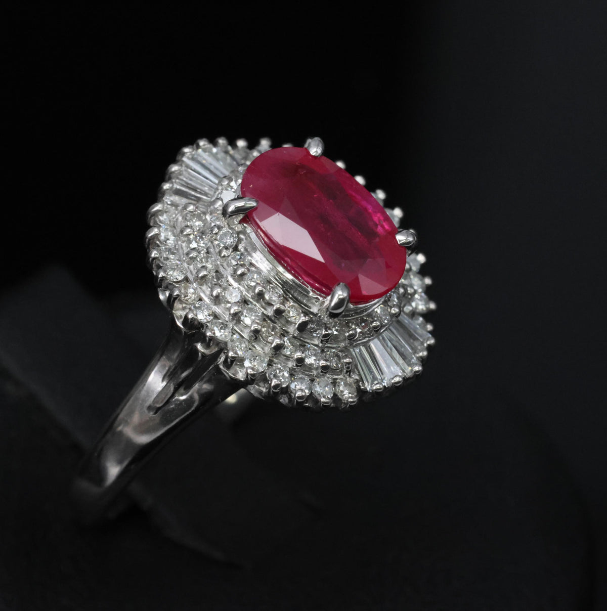 Estate 1.88ct Natural Ruby & 0.55ct Diamond Halo Platinum Ring, Size 6.5