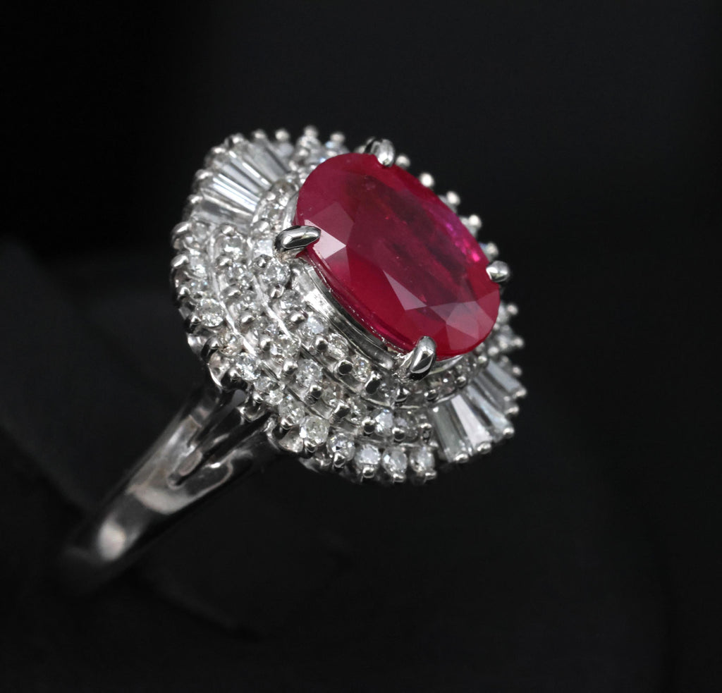 Estate 1.88ct Natural Ruby & 0.55ct Diamond Halo Platinum Ring, Size 6.5