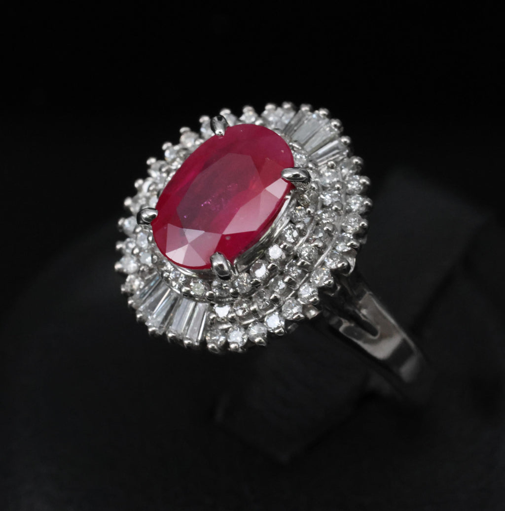 Estate 1.88ct Natural Ruby & 0.55ct Diamond Halo Platinum Ring, Size 6.5