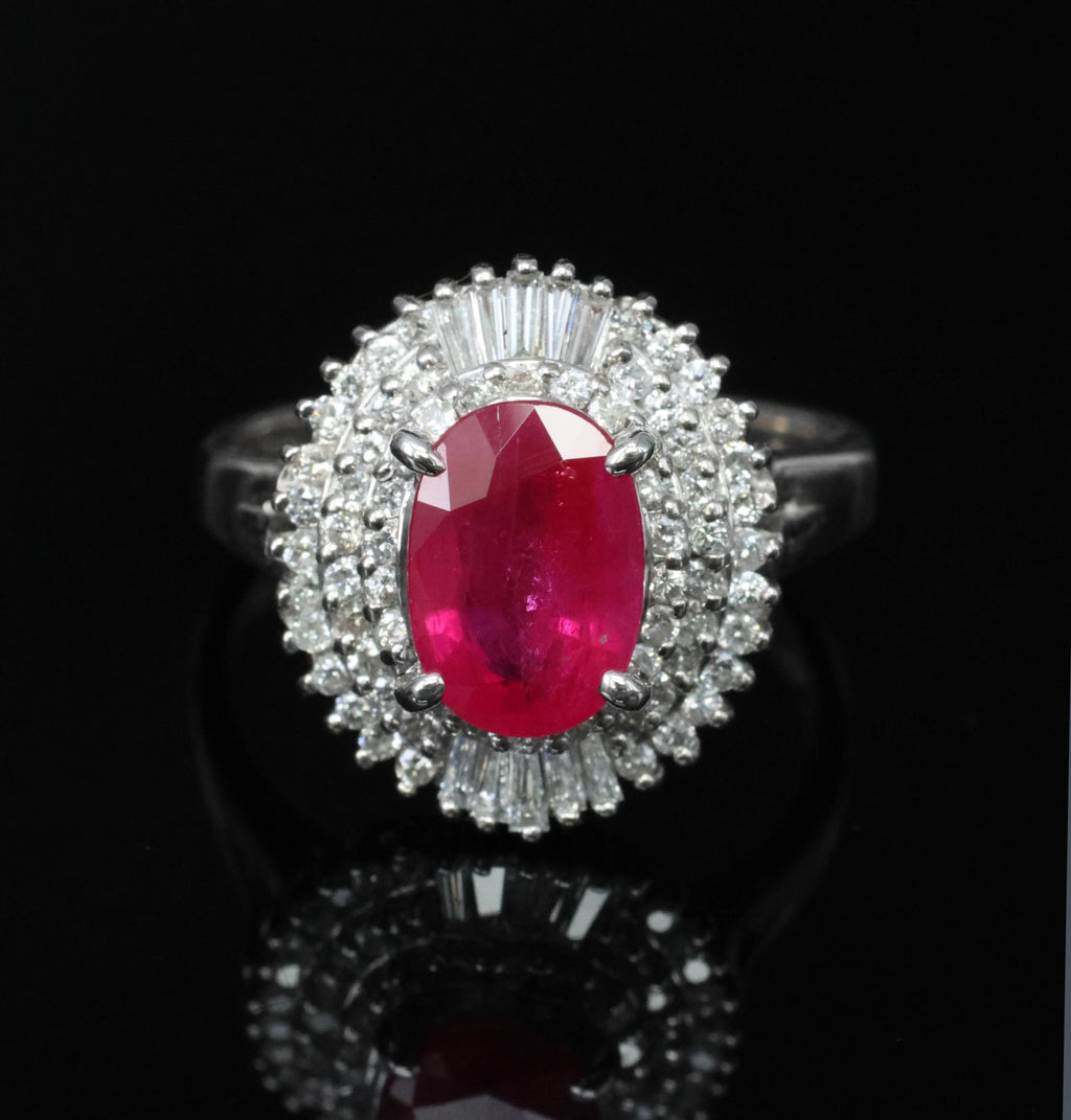 Estate 1.88ct Natural Ruby & 0.55ct Diamond Halo Platinum Ring, Size 6.5