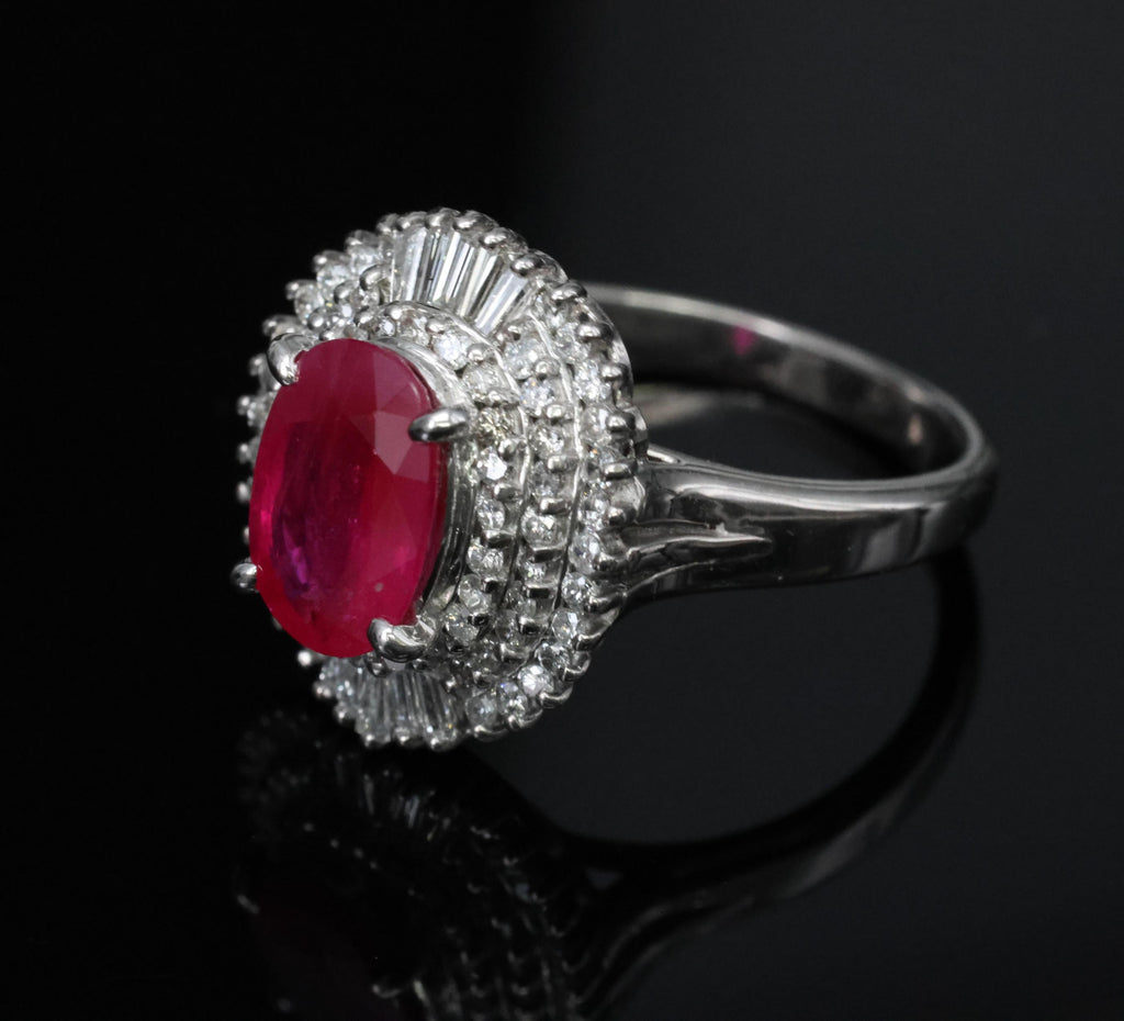 Estate 1.88ct Natural Ruby & 0.55ct Diamond Halo Platinum Ring, Size 6.5