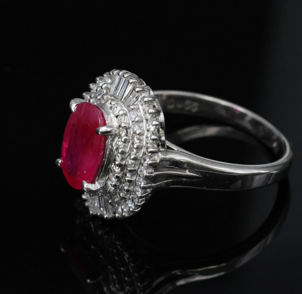 Estate 1.88ct Natural Ruby & 0.55ct Diamond Halo Platinum Ring, Size 6.5