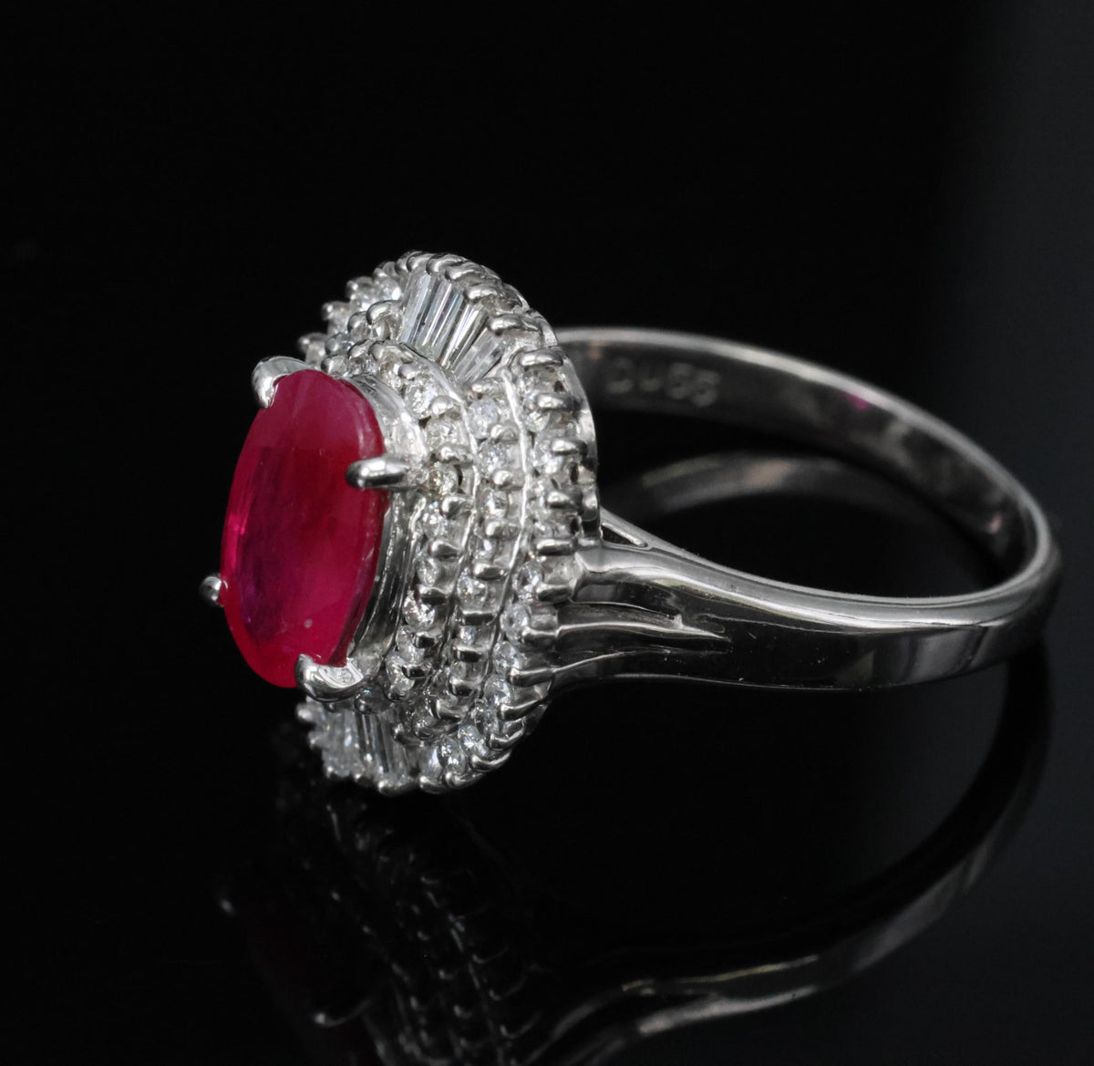 Estate 1.88ct Natural Ruby & 0.55ct Diamond Halo Platinum Ring, Size 6.5