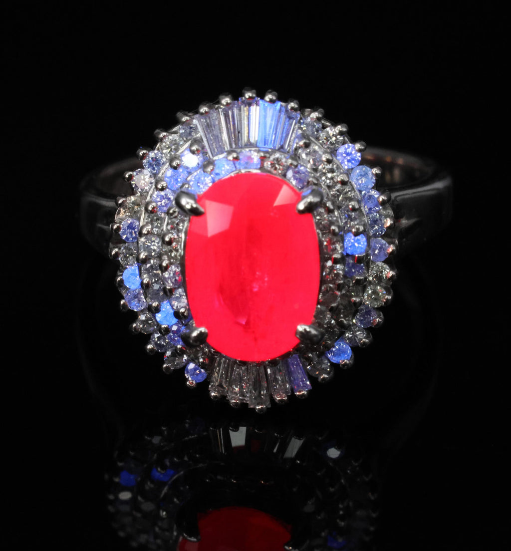 Estate 1.88ct Natural Ruby & 0.55ct Diamond Halo Platinum Ring, Size 6.5