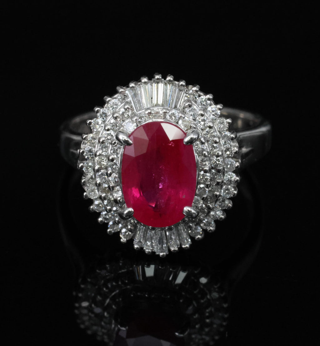Estate 1.88ct Natural Ruby & 0.55ct Diamond Halo Platinum Ring, Size 6.5