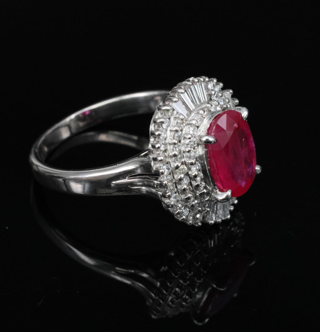 Estate 1.88ct Natural Ruby & 0.55ct Diamond Halo Platinum Ring, Size 6.5