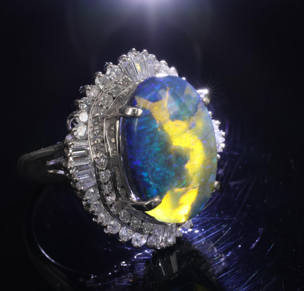 RARE!!! 7.18ct Natural Black Crystal Opal & 1.40ct Diamond Platinum Ring, Size 6