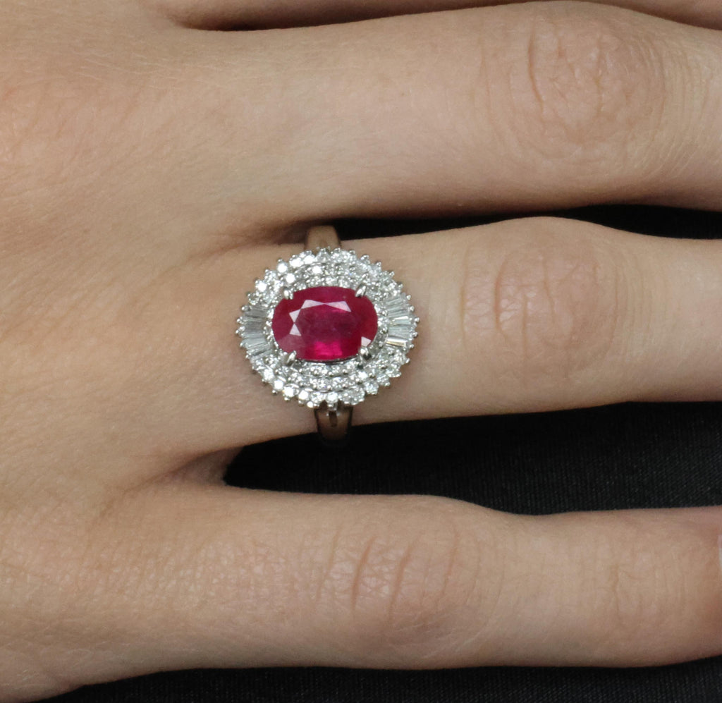 Estate 1.88ct Natural Ruby & 0.55ct Diamond Halo Platinum Ring, Size 6.5