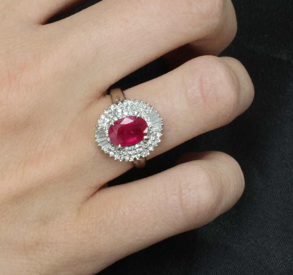Estate 1.88ct Natural Ruby & 0.55ct Diamond Halo Platinum Ring, Size 6.5