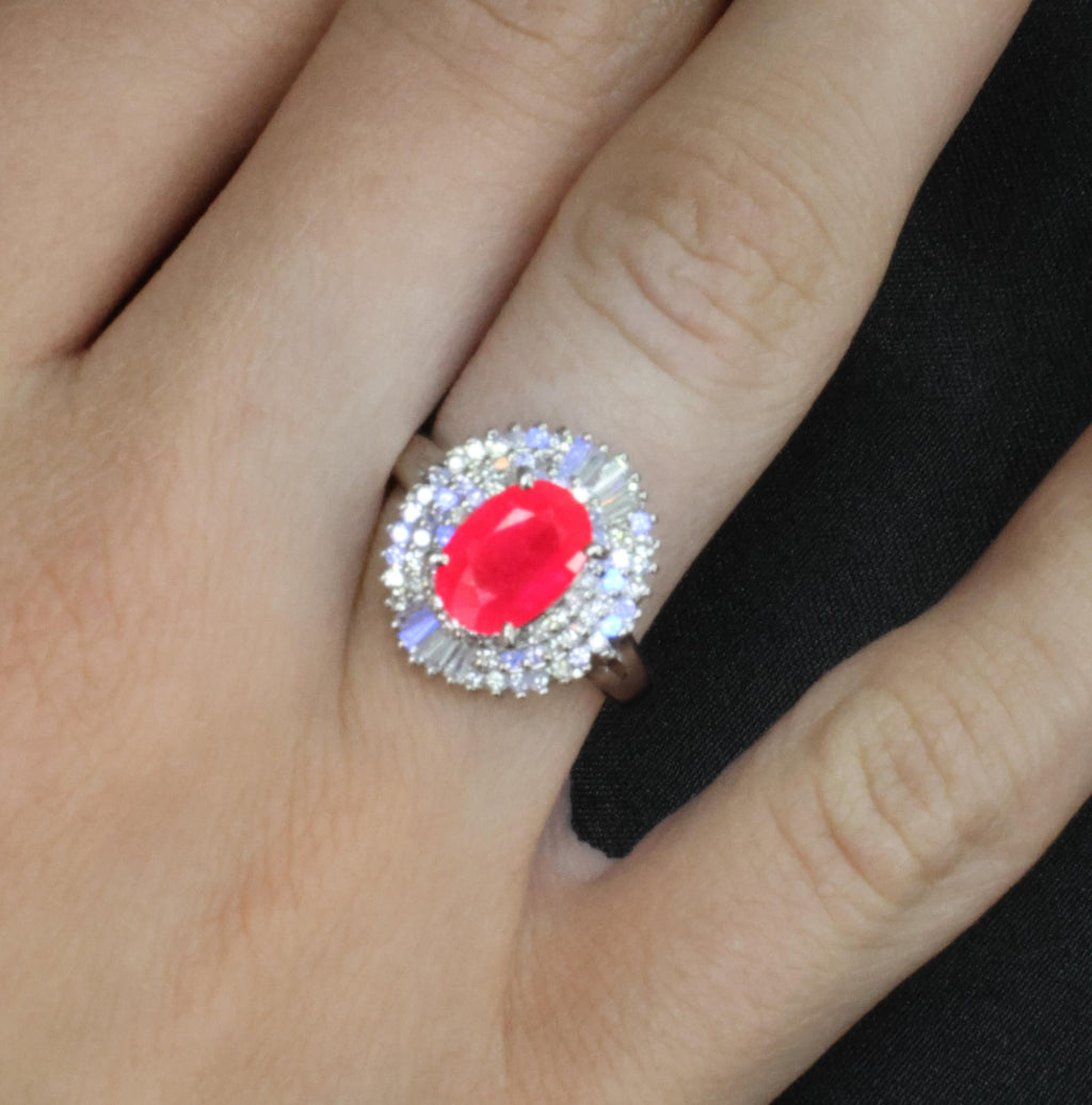 Estate 1.88ct Natural Ruby & 0.55ct Diamond Halo Platinum Ring, Size 6.5