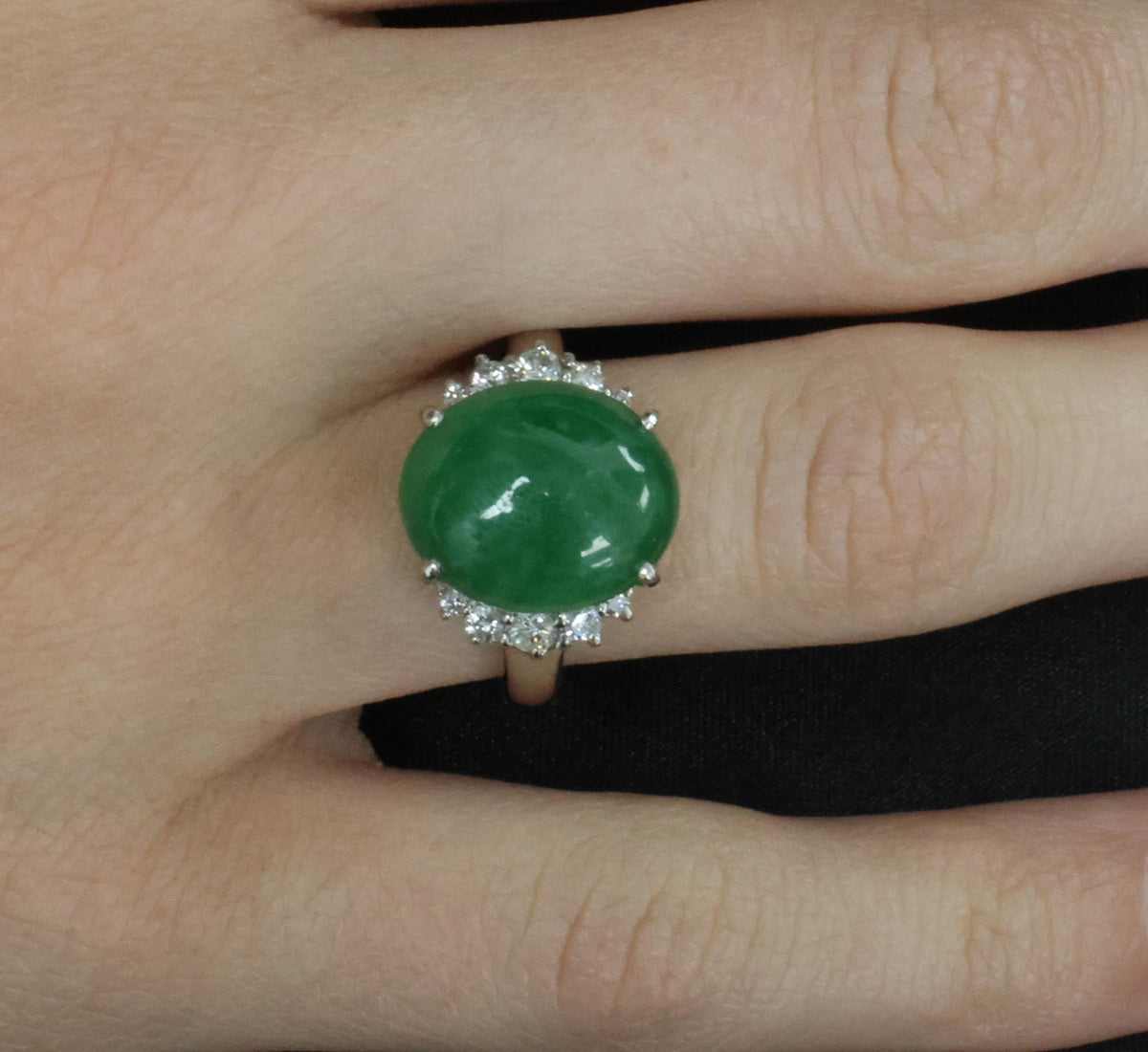 Rare 9.96ct Type A Natural Jadeite Jade & 0.32ct Diamond Platinum Ring, Size 7
