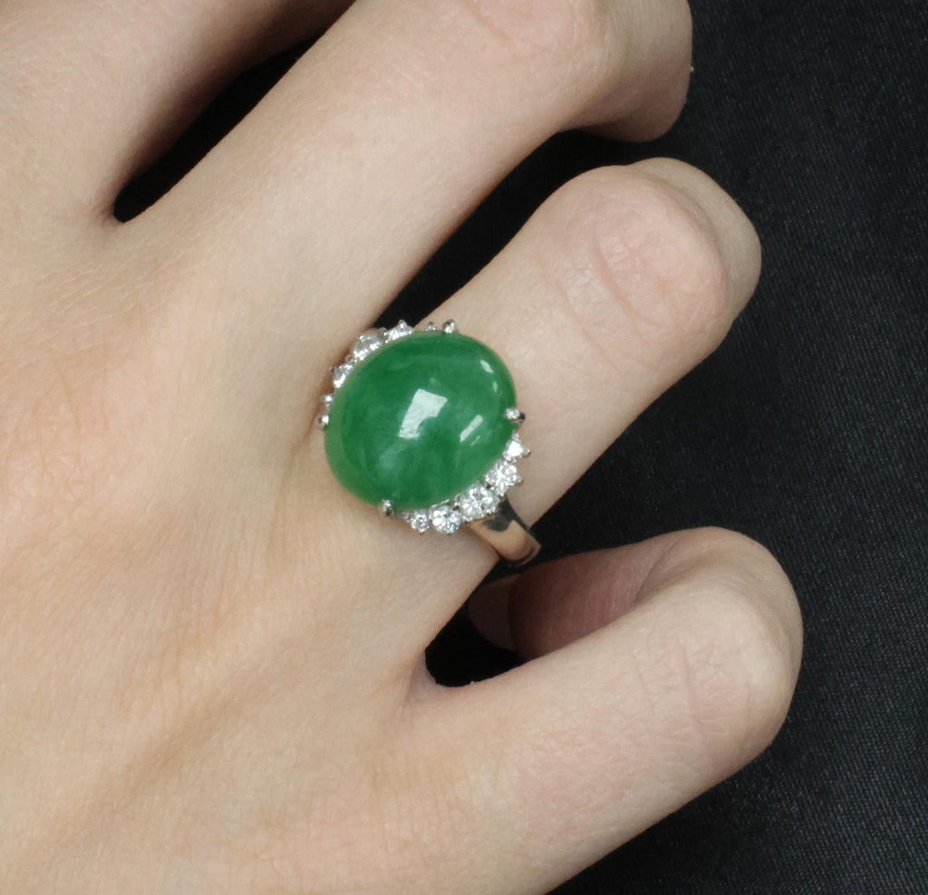Rare 9.96ct Type A Natural Jadeite Jade & 0.32ct Diamond Platinum Ring, Size 7
