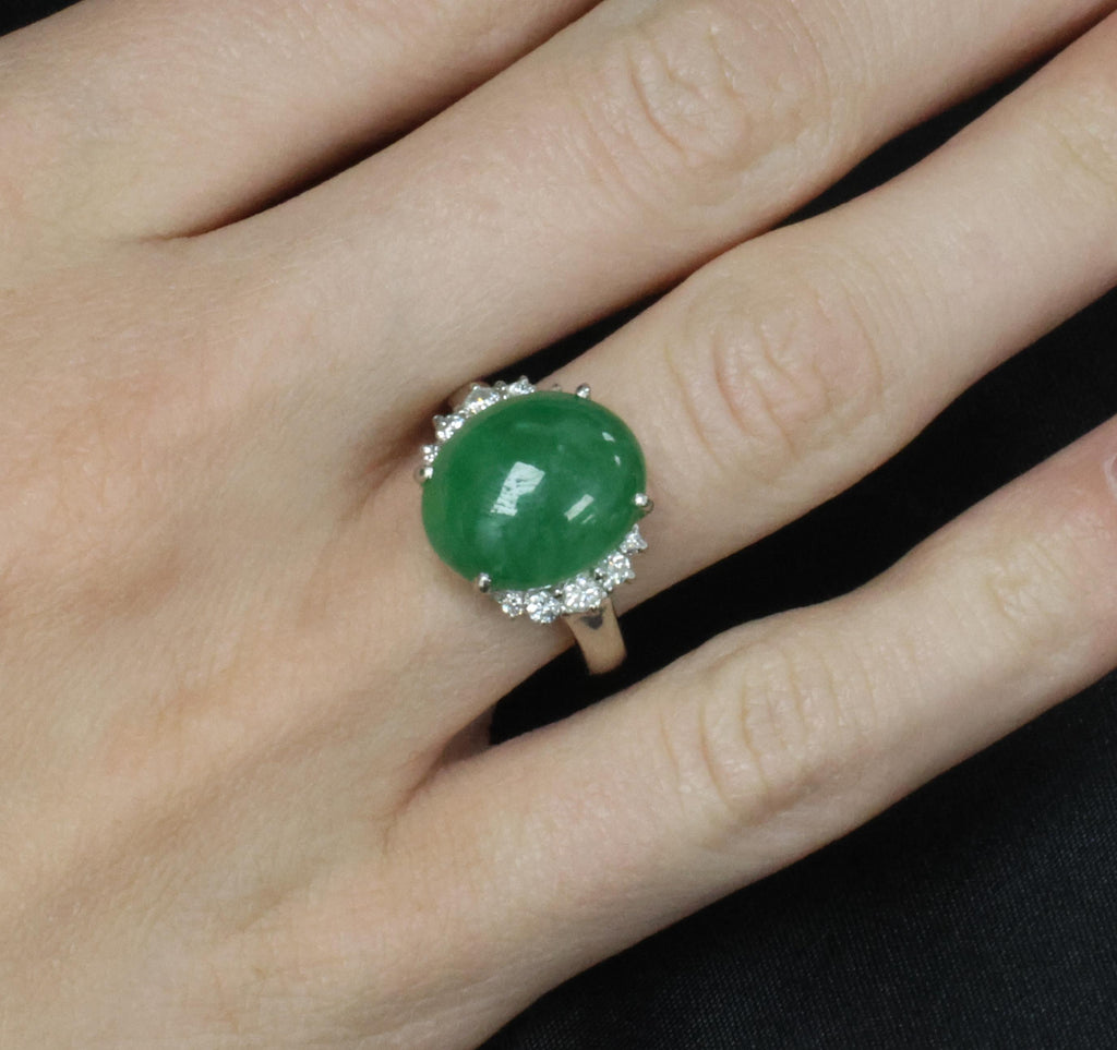 Rare 9.96ct Type A Natural Jadeite Jade & 0.32ct Diamond Platinum Ring, Size 7