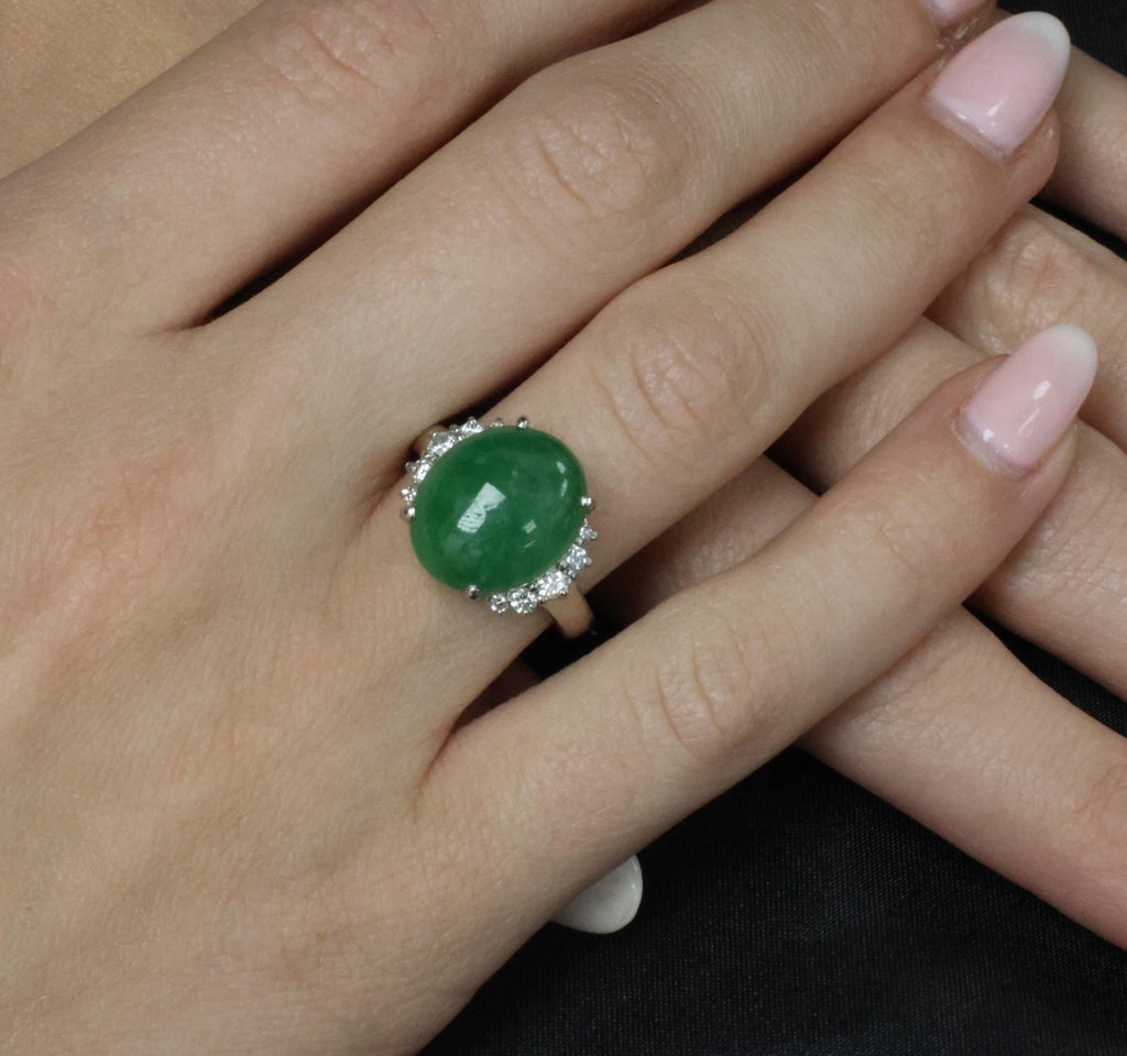 Rare 9.96ct Type A Natural Jadeite Jade & 0.32ct Diamond Platinum Ring, Size 7