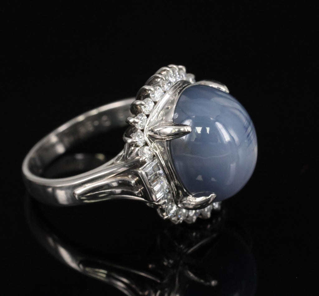 12.28ct Natural Blue Star Sapphire & 0.56ct Diamond Halo Platinum Ring Size 5.25