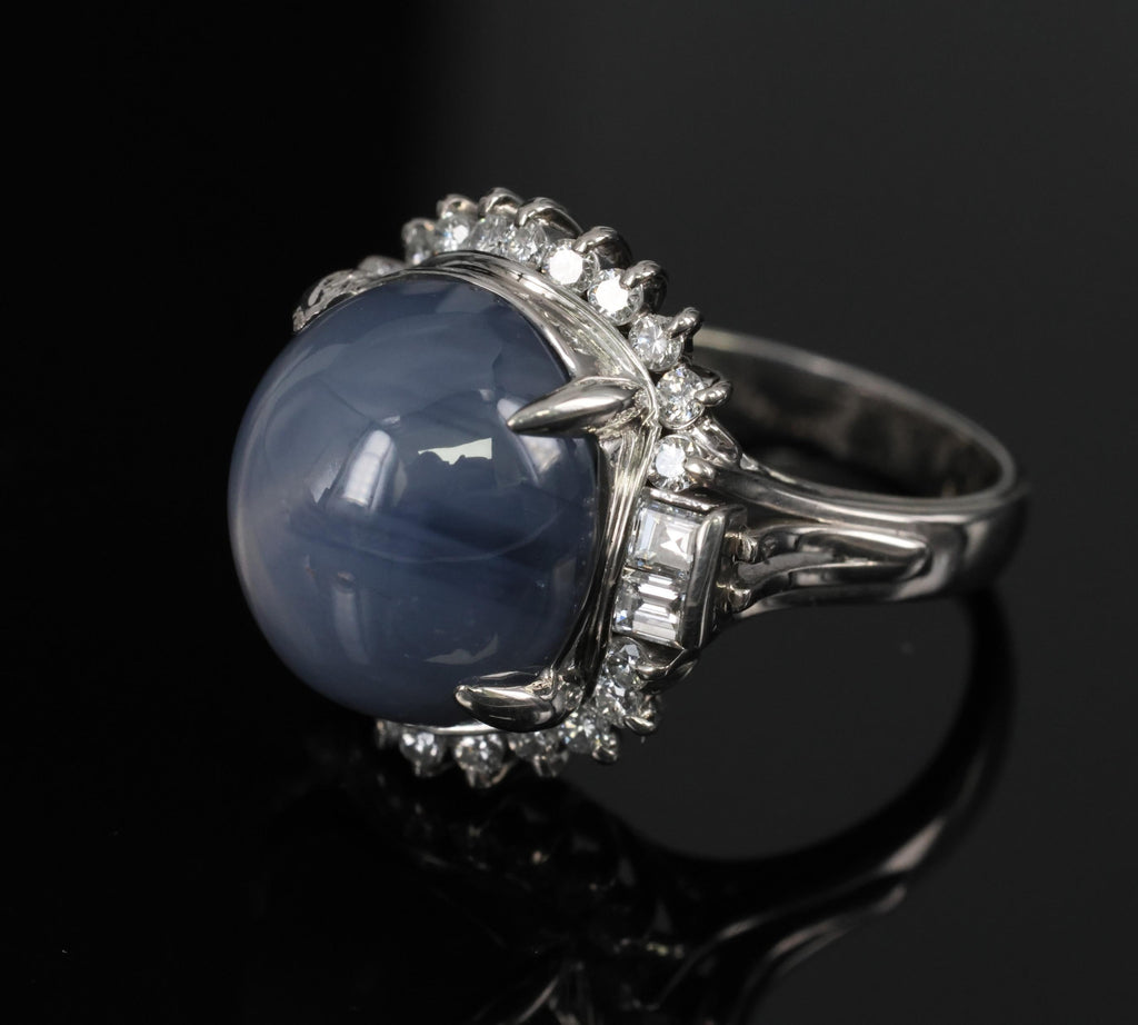 12.28ct Natural Blue Star Sapphire & 0.56ct Diamond Halo Platinum Ring Size 5.25