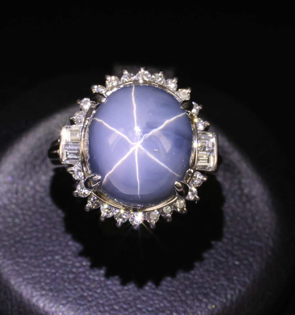 12.28ct Natural Blue Star Sapphire & 0.56ct Diamond Halo Platinum Ring Size 5.25
