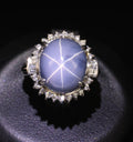 12.28ct Natural Blue Star Sapphire & 0.56ct Diamond Halo Platinum Ring Size 5.25