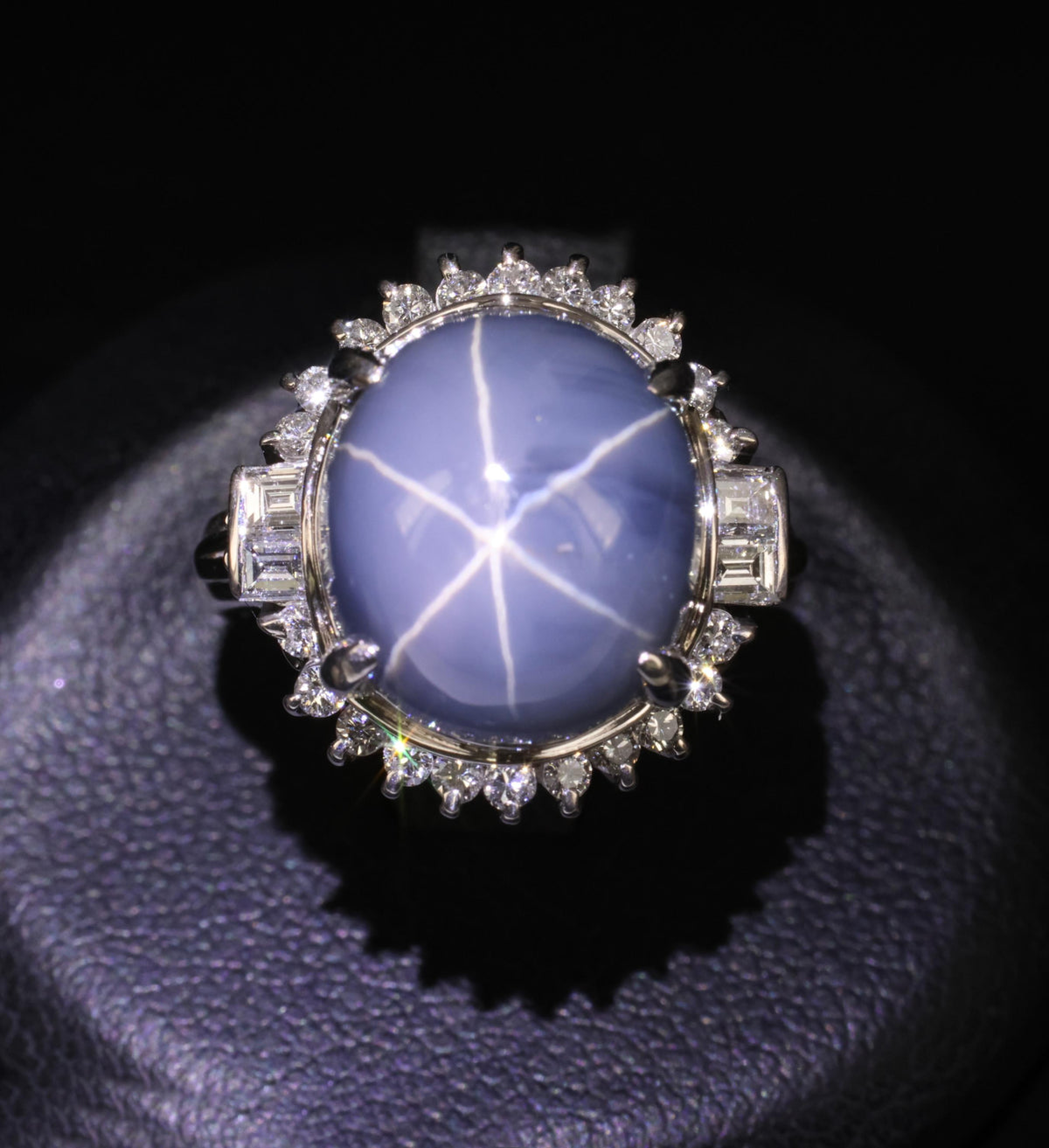 12.28ct Natural Blue Star Sapphire & 0.56ct Diamond Halo Platinum Ring Size 5.25