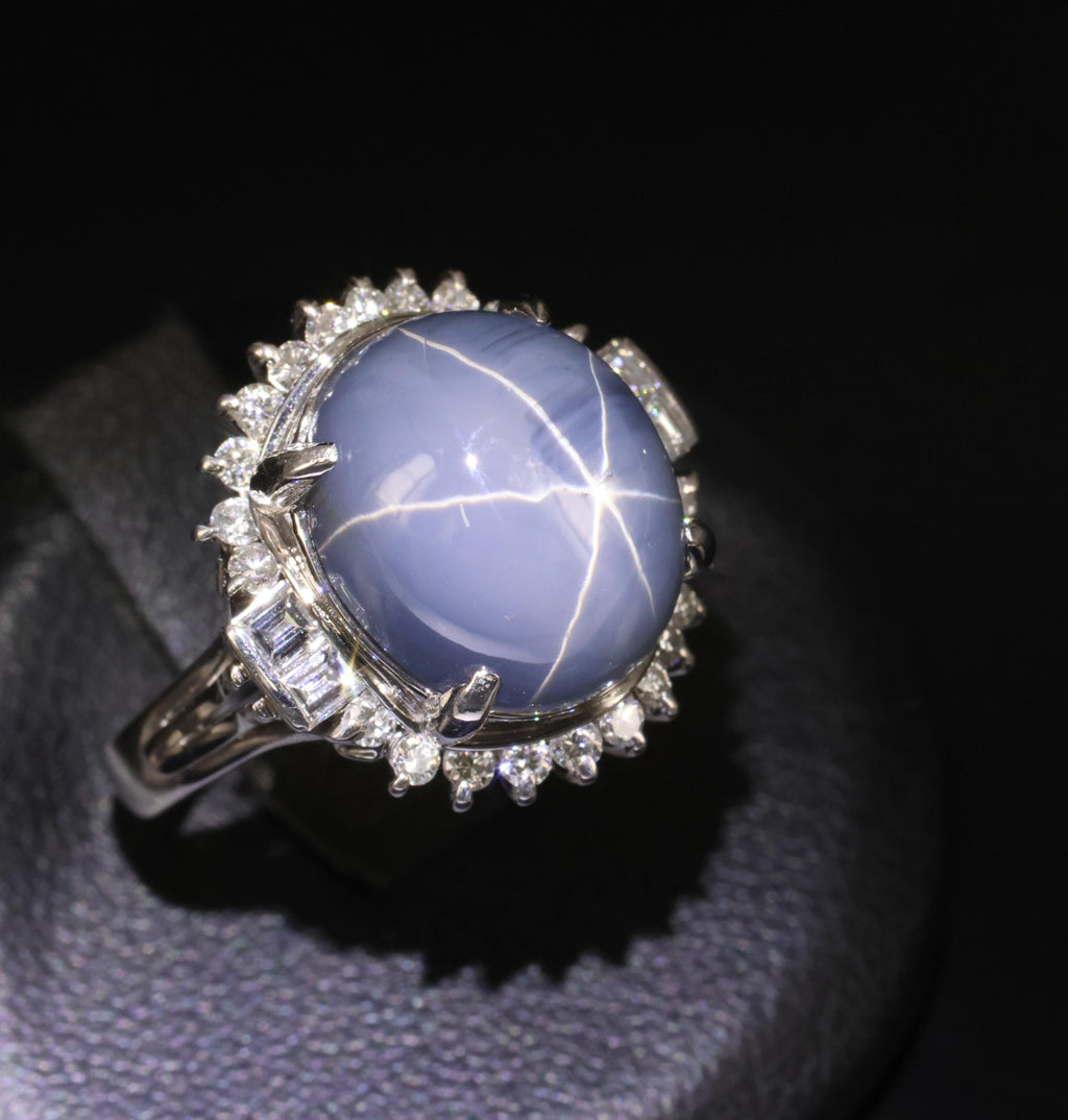 12.28ct Natural Blue Star Sapphire & 0.56ct Diamond Halo Platinum Ring Size 5.25