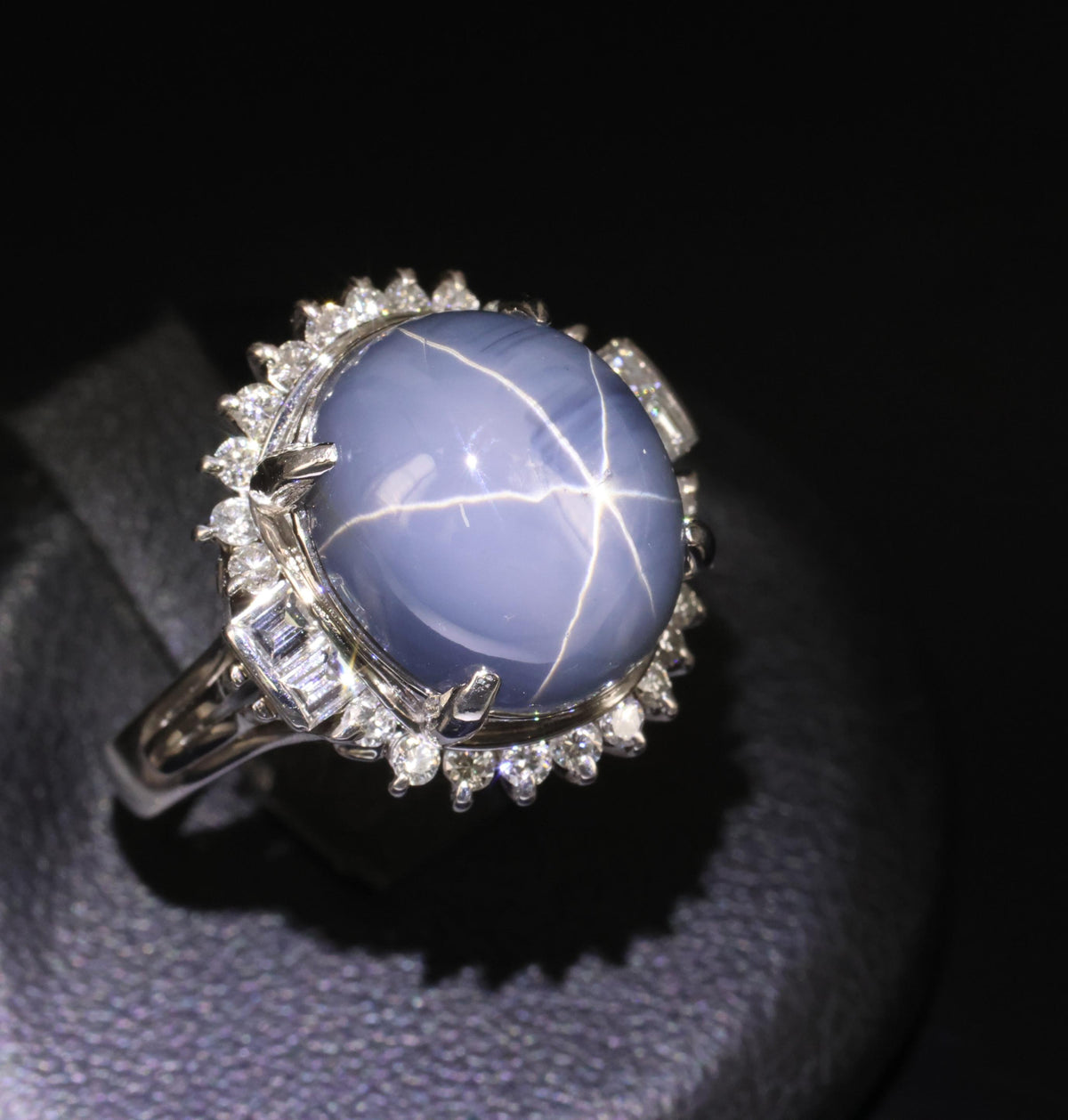 12.28ct Natural Blue Star Sapphire & 0.56ct Diamond Halo Platinum Ring Size 5.25