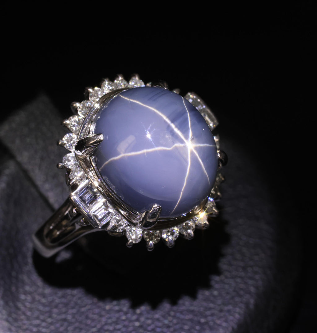 12.28ct Natural Blue Star Sapphire & 0.56ct Diamond Halo Platinum Ring Size 5.25