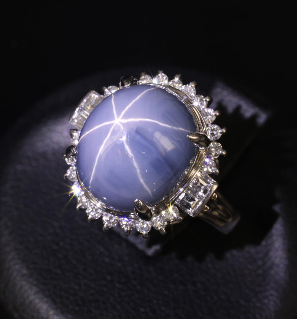 12.28ct Natural Blue Star Sapphire & 0.56ct Diamond Halo Platinum Ring Size 5.25