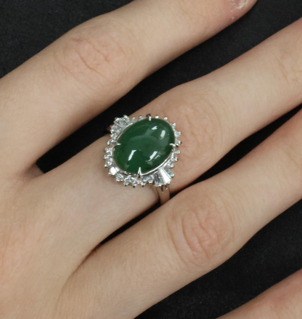 6.28ct Natural Forest Green Jadeite Jade & 0.55ct Diamond Platinum Ring Size 7.5