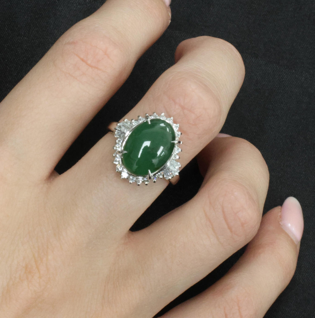 6.28ct Natural Forest Green Jadeite Jade & 0.55ct Diamond Platinum Ring Size 7.5