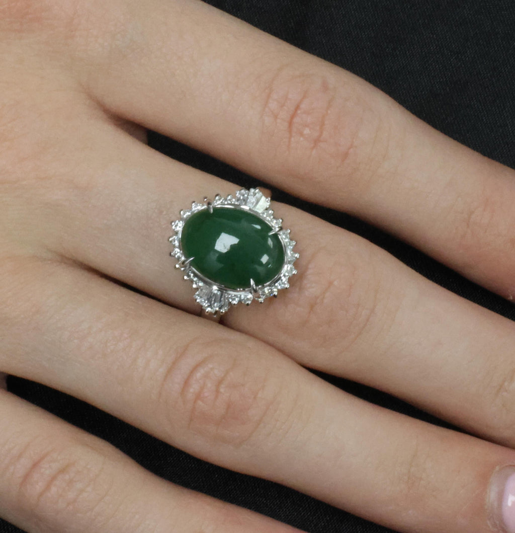 6.28ct Natural Forest Green Jadeite Jade & 0.55ct Diamond Platinum Ring Size 7.5