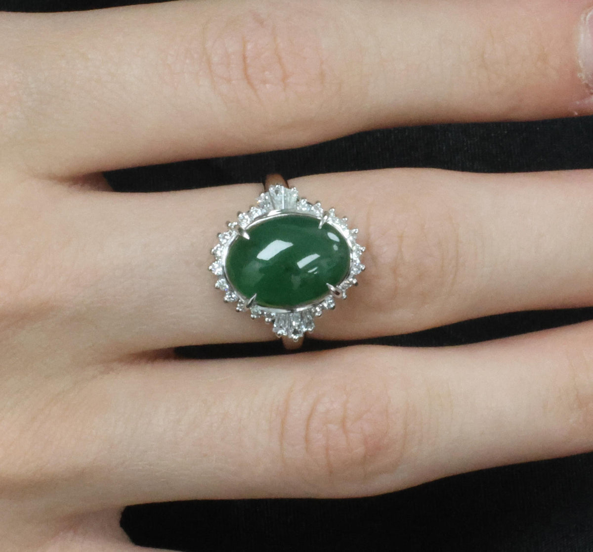 6.28ct Natural Forest Green Jadeite Jade & 0.55ct Diamond Platinum Ring Size 7.5