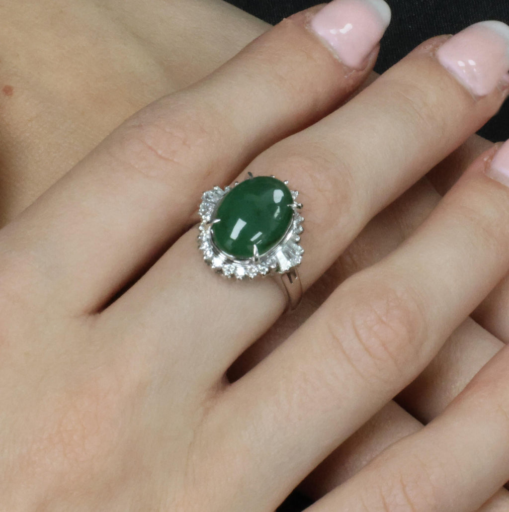 6.28ct Natural Forest Green Jadeite Jade & 0.55ct Diamond Platinum Ring Size 7.5