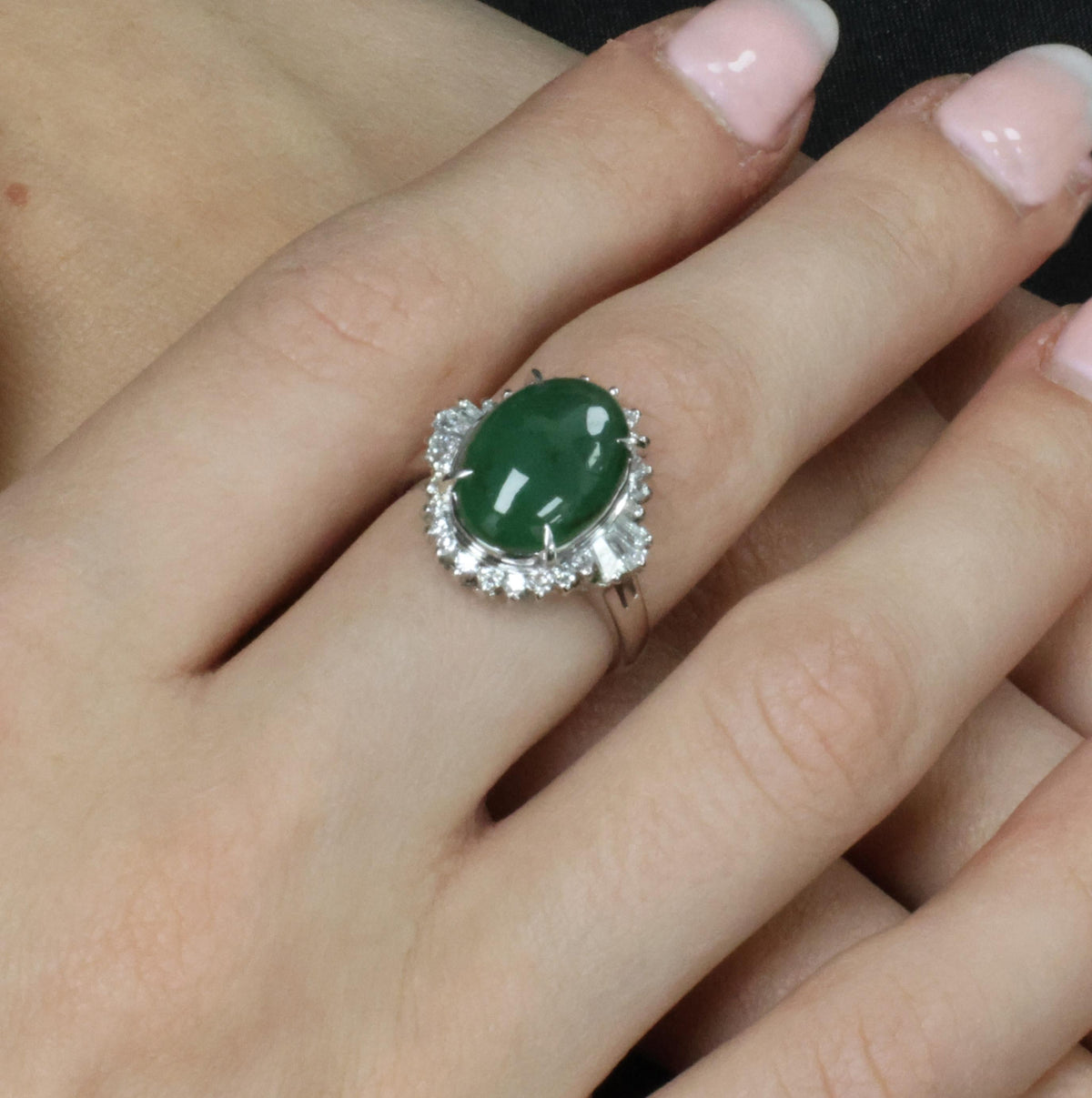 6.28ct Natural Forest Green Jadeite Jade & 0.55ct Diamond Platinum Ring Size 7.5