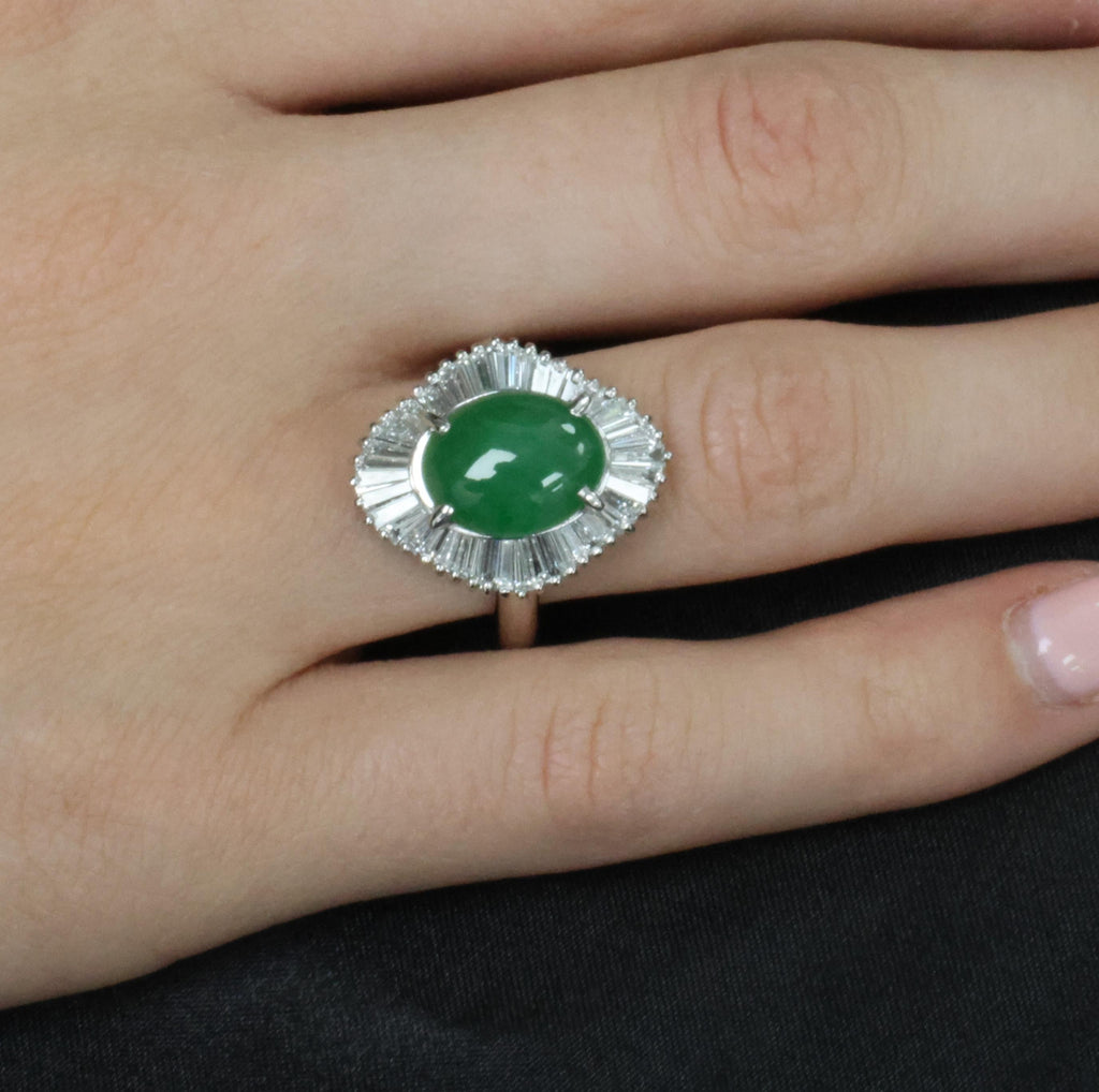 4.10ct Natural Untreated Jadeite Jade & 1.20ct Diamond Halo Platinum Ring Size 8