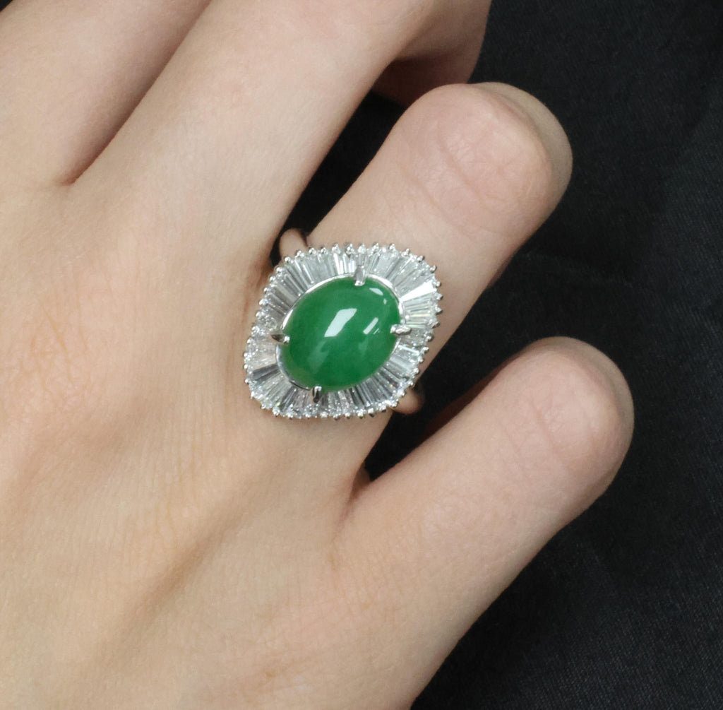 4.10ct Natural Untreated Jadeite Jade & 1.20ct Diamond Halo Platinum Ring Size 8