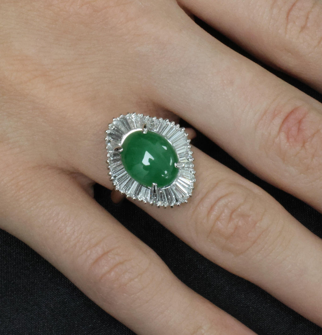 4.10ct Natural Untreated Jadeite Jade & 1.20ct Diamond Halo Platinum Ring Size 8
