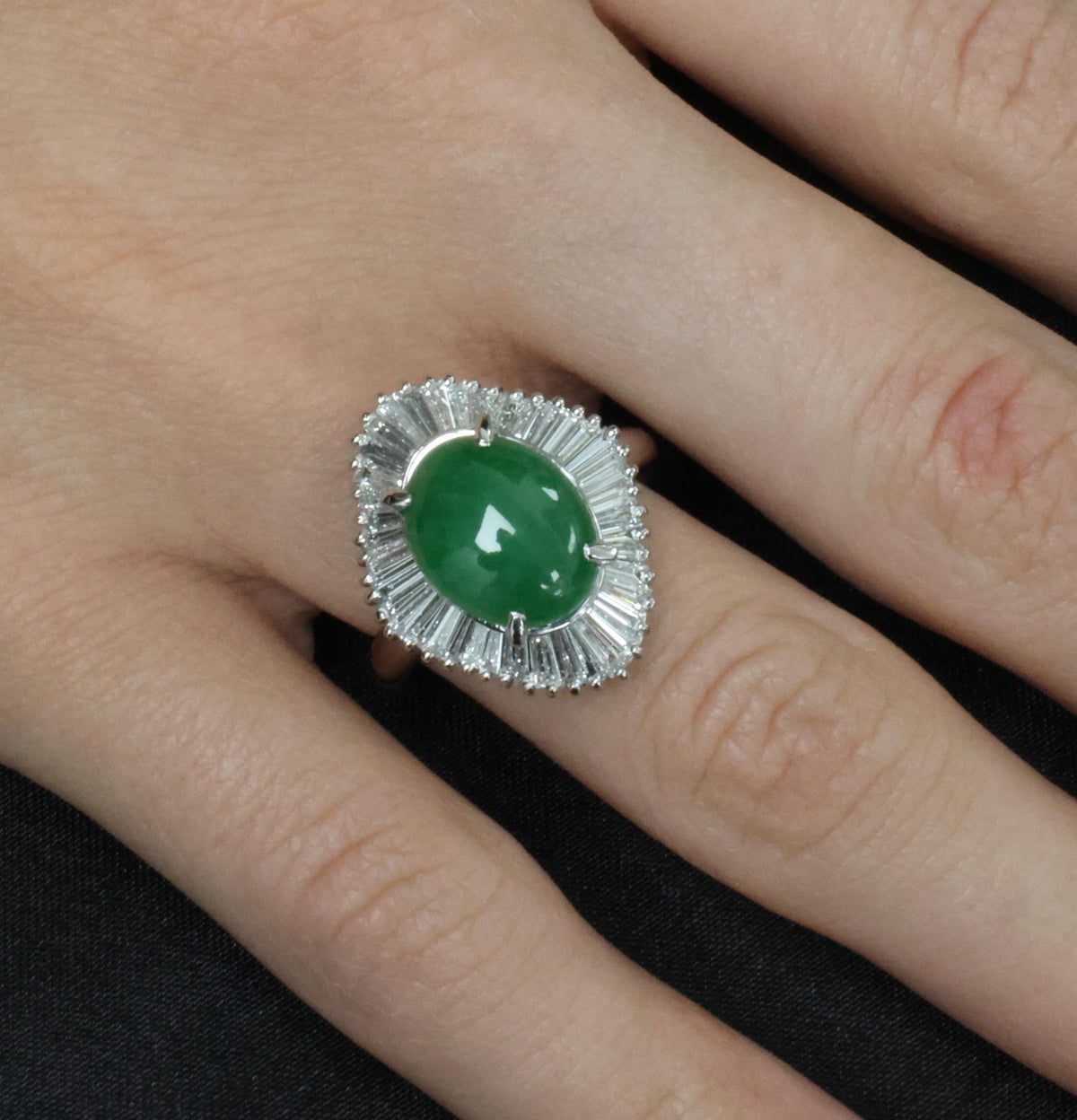 4.10ct Natural Untreated Jadeite Jade & 1.20ct Diamond Halo Platinum Ring Size 8