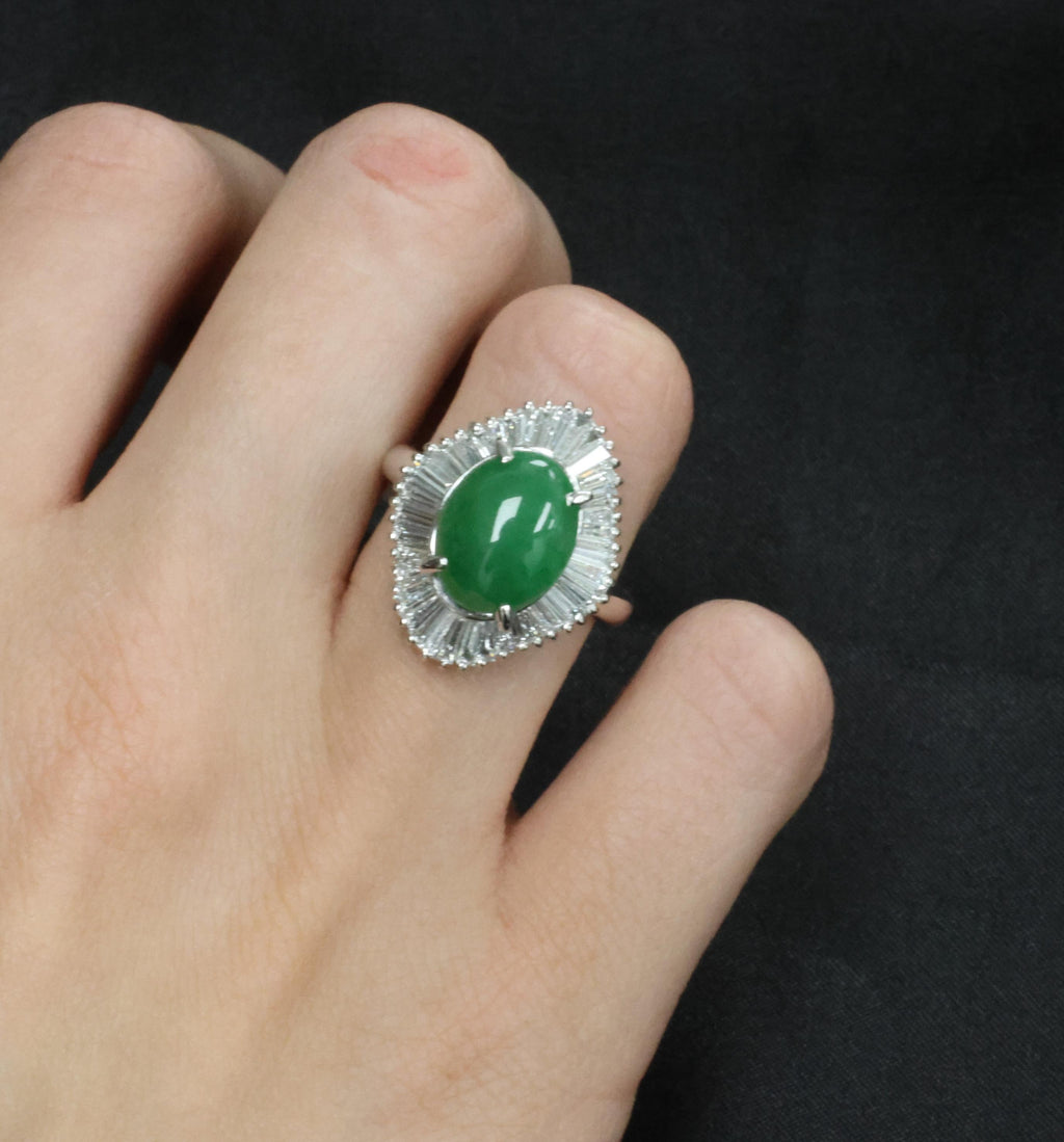 4.10ct Natural Untreated Jadeite Jade & 1.20ct Diamond Halo Platinum Ring Size 8