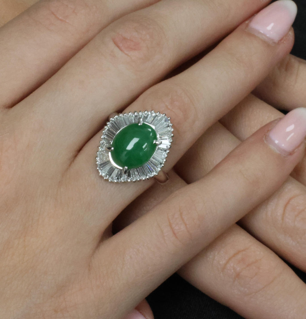4.10ct Natural Untreated Jadeite Jade & 1.20ct Diamond Halo Platinum Ring Size 8