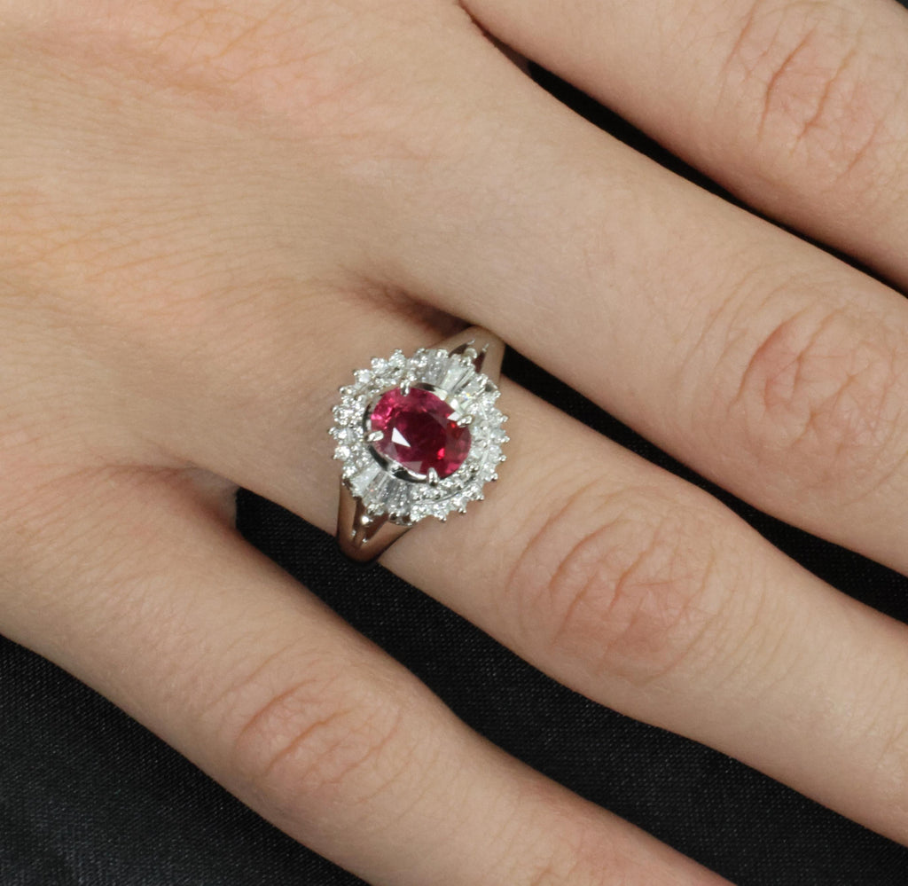 Fine 1.40ct GIA Thai Natural Ruby & 0.47ct Diamond Halo Platinum Ring, Size 7