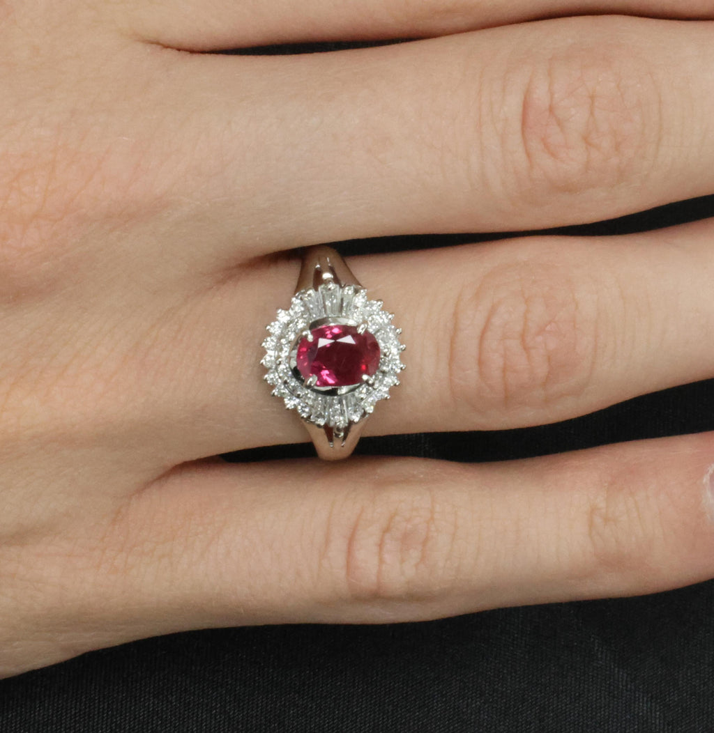 Fine 1.40ct GIA Thai Natural Ruby & 0.47ct Diamond Halo Platinum Ring, Size 7