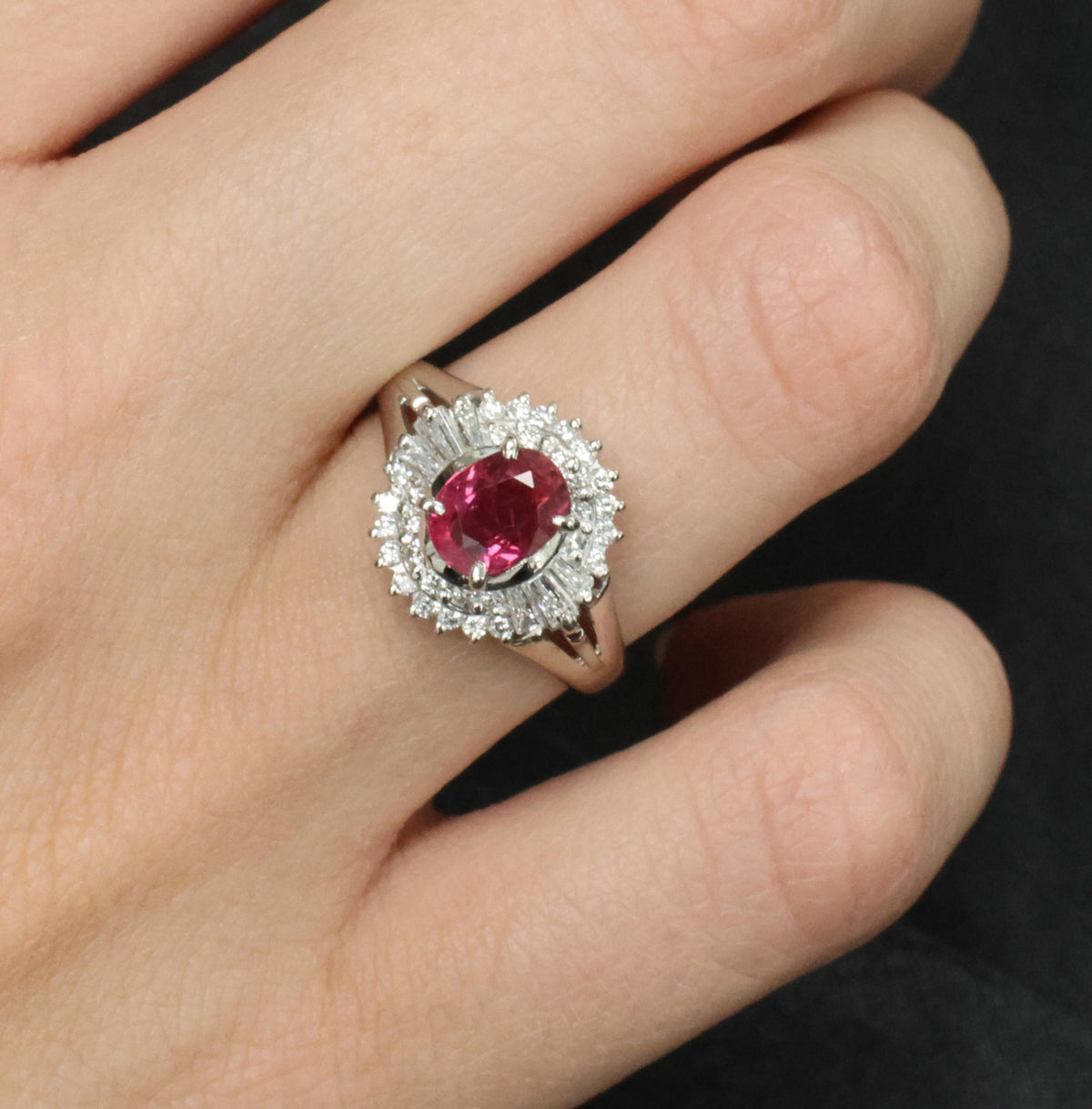 Fine 1.40ct GIA Thai Natural Ruby & 0.47ct Diamond Halo Platinum Ring, Size 7