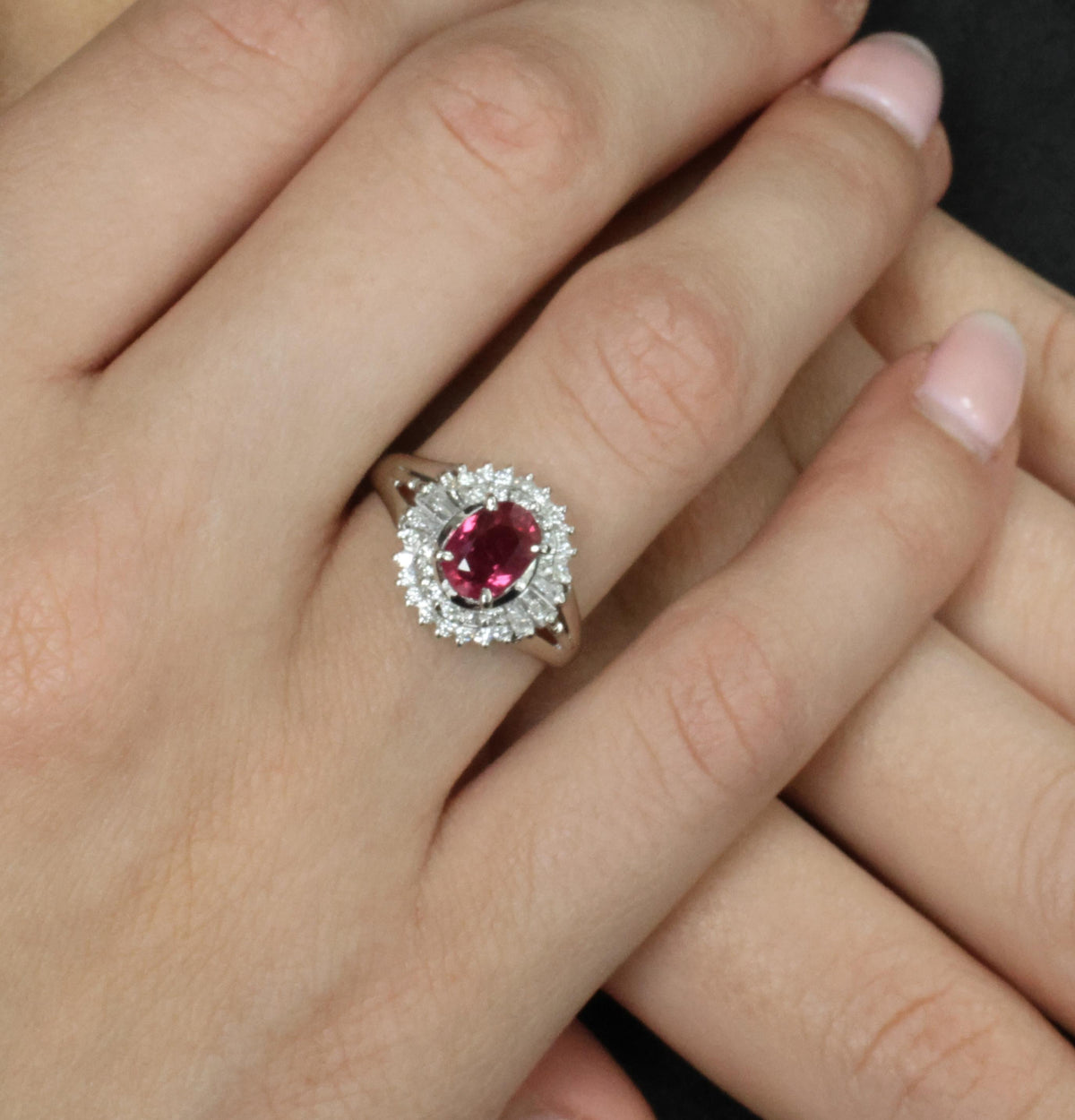 Fine 1.40ct GIA Thai Natural Ruby & 0.47ct Diamond Halo Platinum Ring, Size 7