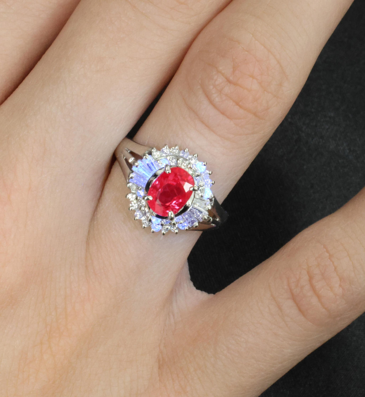 Fine 1.40ct GIA Thai Natural Ruby & 0.47ct Diamond Halo Platinum Ring, Size 7