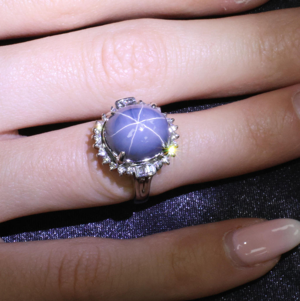 12.28ct Natural Blue Star Sapphire & 0.56ct Diamond Halo Platinum Ring Size 5.25