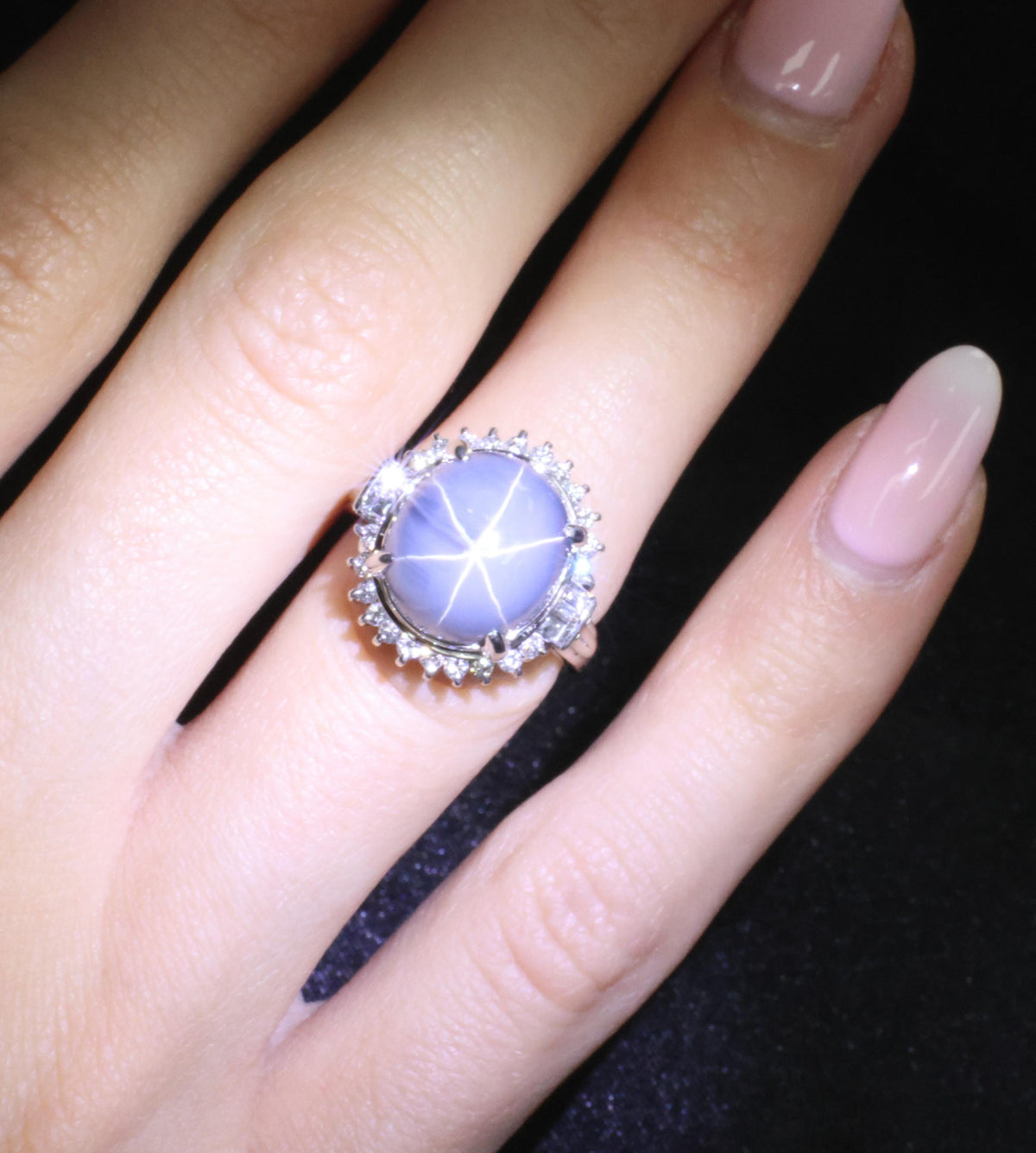12.28ct Natural Blue Star Sapphire & 0.56ct Diamond Halo Platinum Ring Size 5.25