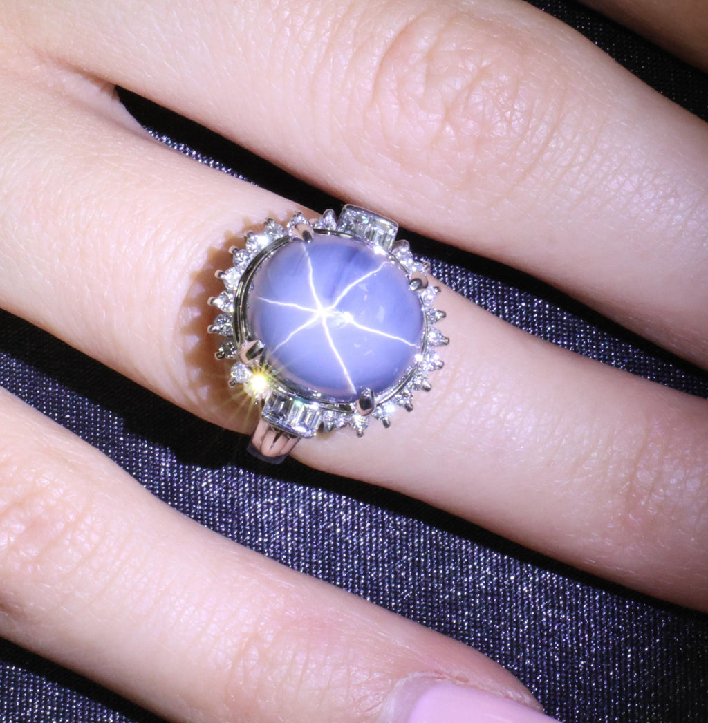 12.28ct Natural Blue Star Sapphire & 0.56ct Diamond Halo Platinum Ring Size 5.25
