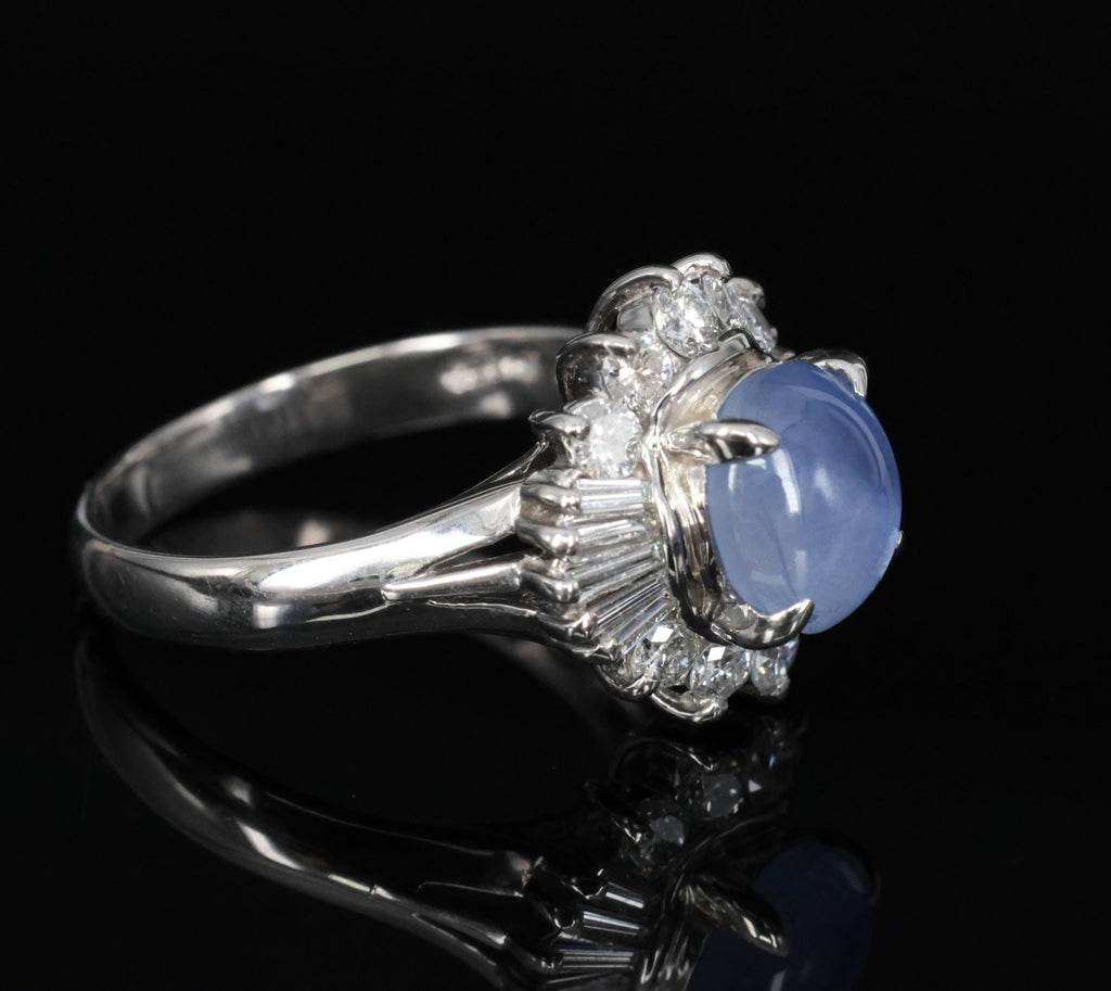 2.67ct Natural Untreated Star Sapphire & 0.64ct Diamond Platinum Ring, Size 6.25