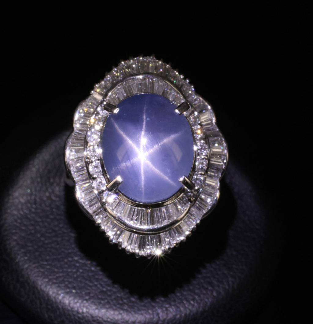 9.56ct Natural Untreated Blue Star Sapphire & 1.77ct Diamond Platinum Size, 5.5