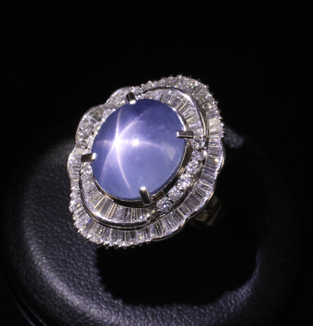 9.56ct Natural Untreated Blue Star Sapphire & 1.77ct Diamond Platinum Size, 5.5